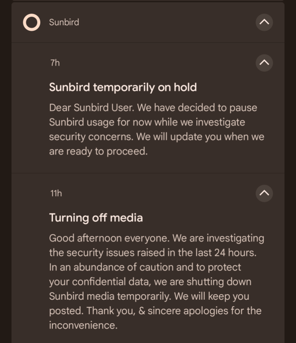 Sunbird sent a notification to users that it is pausing development of its app