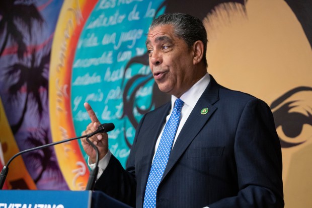 Rep. Adriano Espaillat speaks during a ceremony where Gov. Kathy Hochul announced a $10 million grant for Harlem at the Julia De Burgos Performance and Arts Center Thursday, Jan. 19, 2023 in Manhattan, New York. (Barry Williams for New York Daily News)