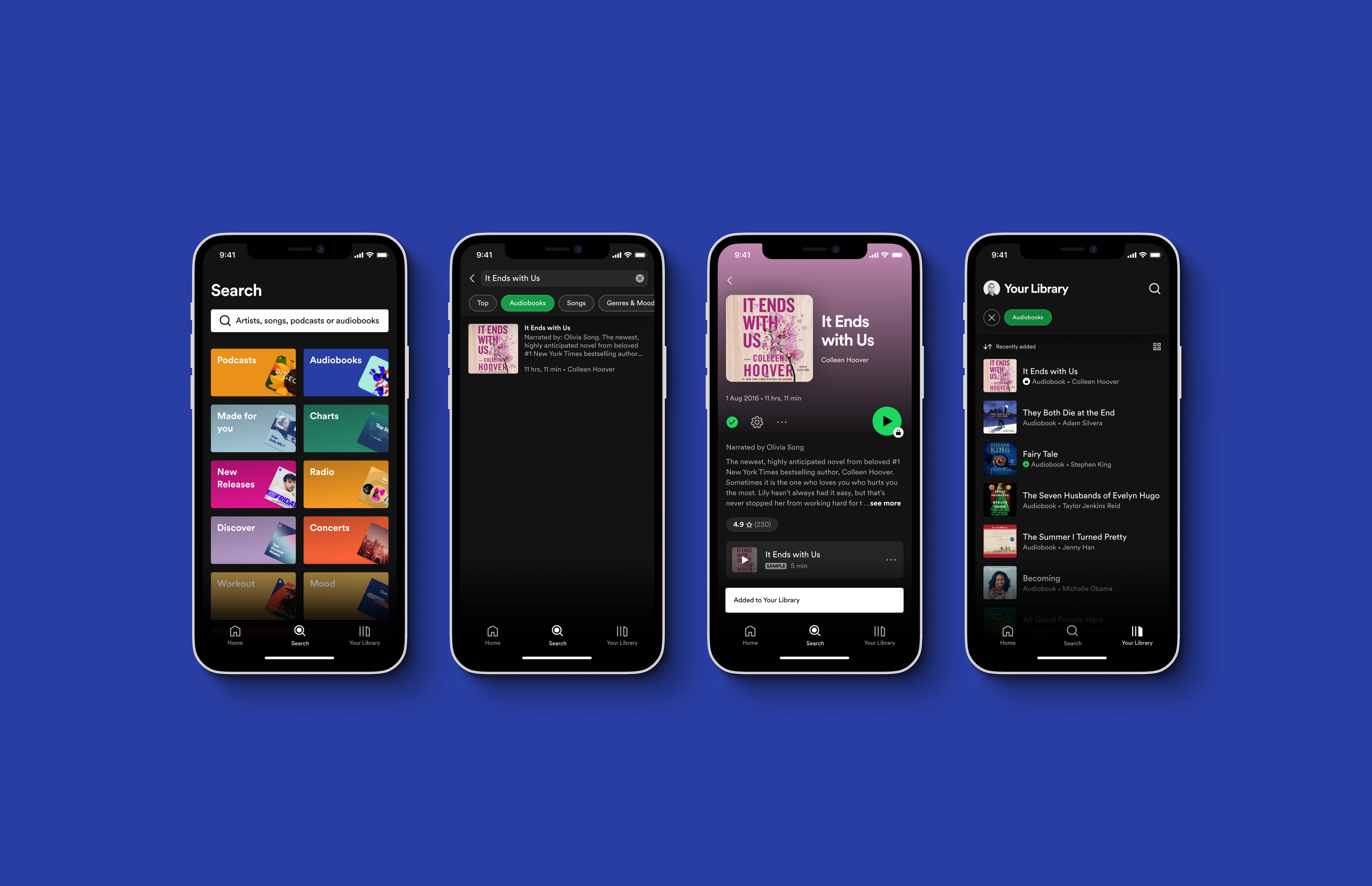 Spotify audiobooks screens on 4 mobile phones