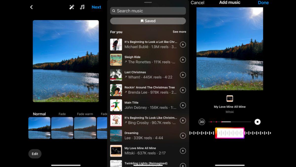Screenshots demonstrating how to add music to Instagram posts