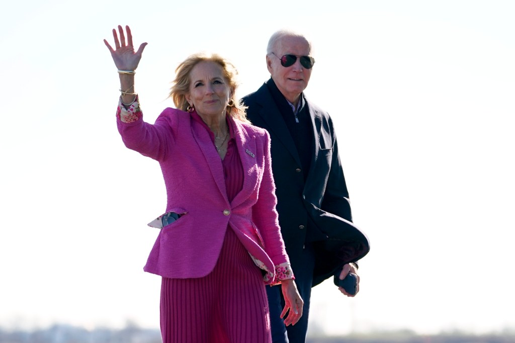 First lady Jill Biden waves alongside President Joe Biden as they arrive on Marine One at Philadelphia International Airport in Philadelphia, Saturday, Feb. 3, 2024. The Bidens are traveling to California and Nevada to participate in campaign events during the weekend. (AP Photo/Stephanie Scarbrough)