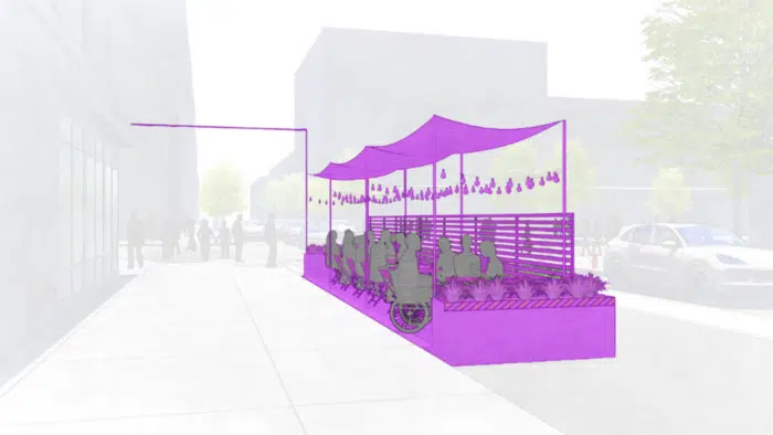 A rendering of a compliant roadway cafe in outdoor dining.