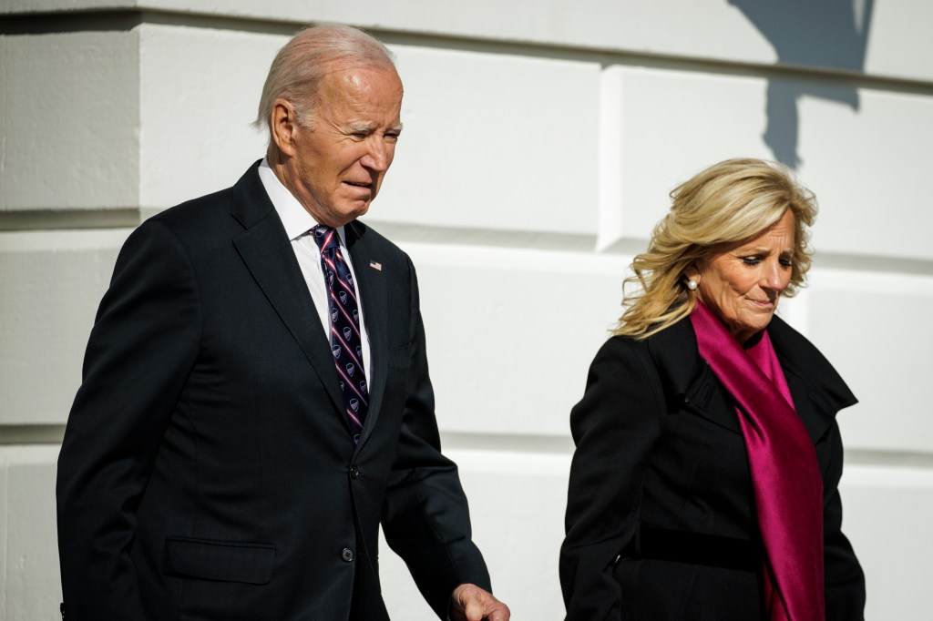 President Joe Biden and First Lady Jill Biden walk out of the South Portico towards Marine One on the South Lawn of the White House on November 11, 2023 in Washington, DC.