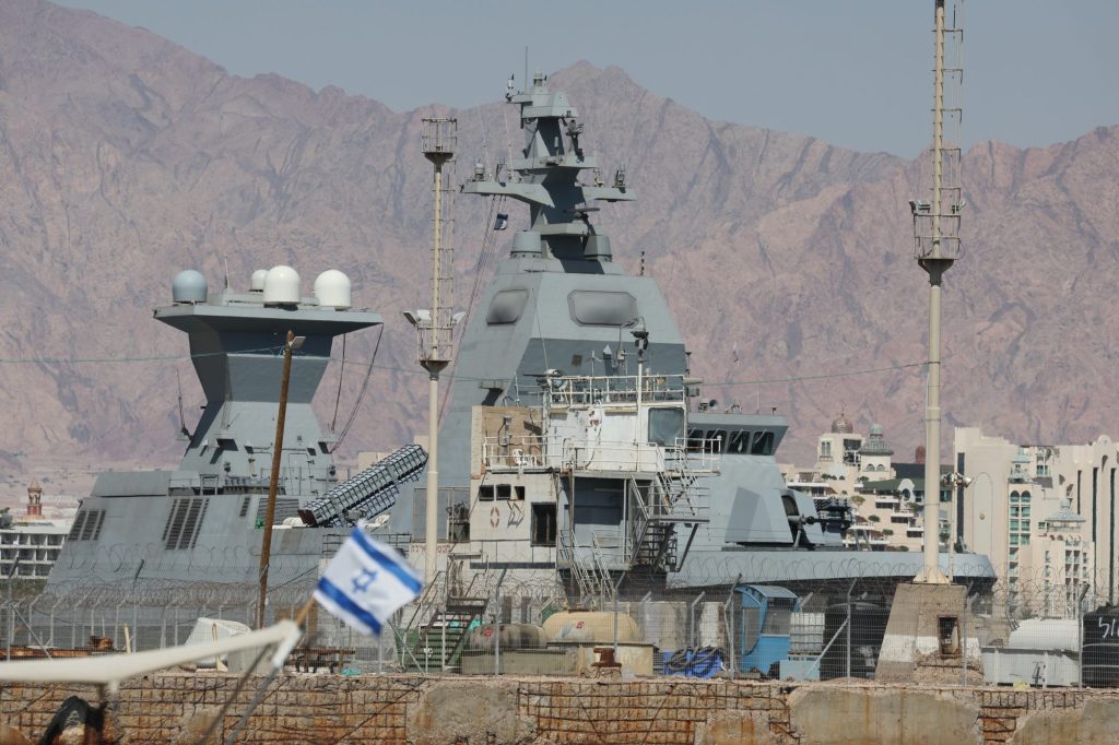 German-made Sa'ar 6-class corvette of the Israeli Navy docked at the Red Sea port city of Eilat, Israel on 16 April 2024