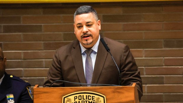 NYPD Commissioner Edward Caban delivers a speech to students and parents during the Police Commissioner for a Day 2024 Essay Contest Award ceremony at Police Headquarters on Tuesday, April 16, 2024.