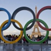 The Olympic rings are seen at Trocadero plaza, the site of the Opening Ceremony's finale celebrations, overlooking the Eiffel Tower in Paris.